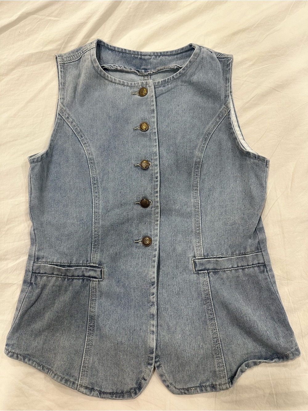 Denim Button-Front Sleeveless Vest - Light Blue